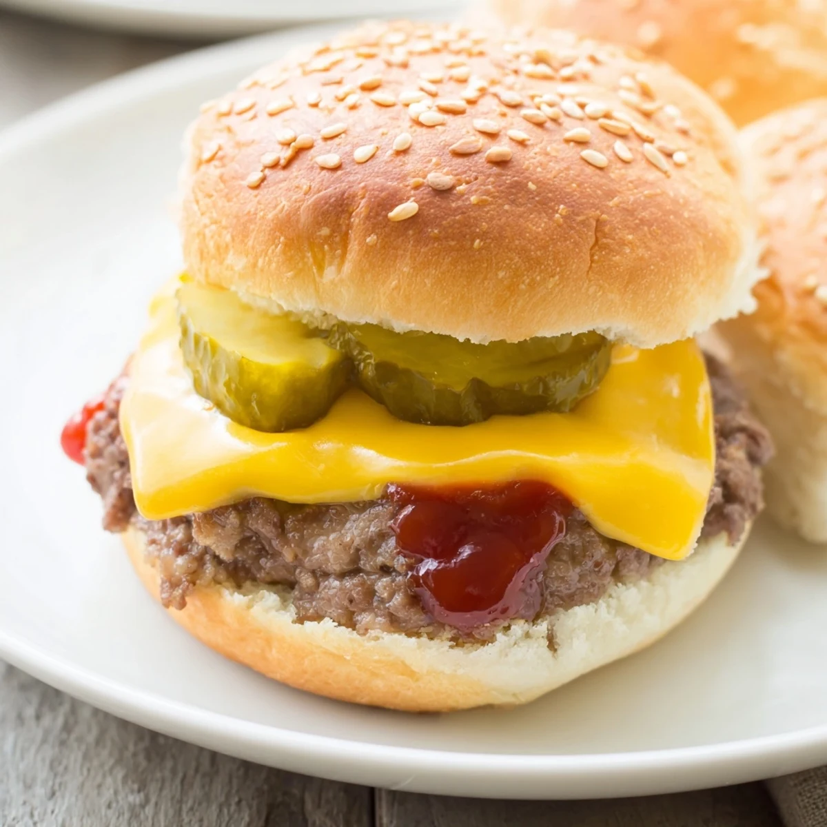 Freshly baked White Trash Sliders with melted American cheese and tangy pickles on soft sesame buns.