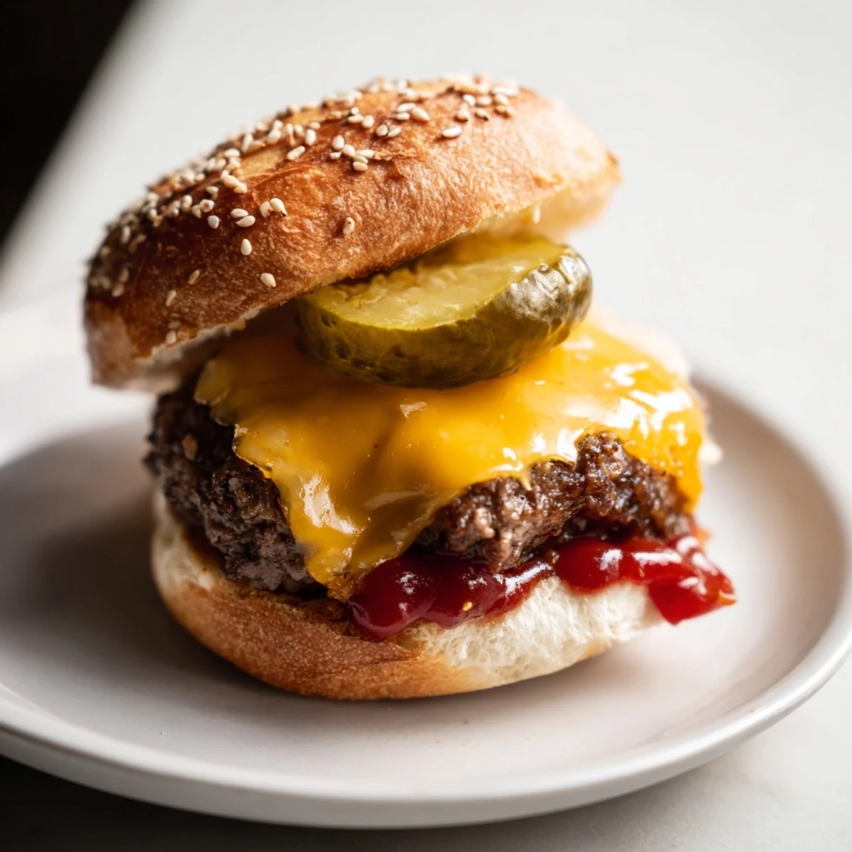 Golden-toasted White Trash Sliders stacked with juicy beef patties, mustard, and ketchup on a tray.