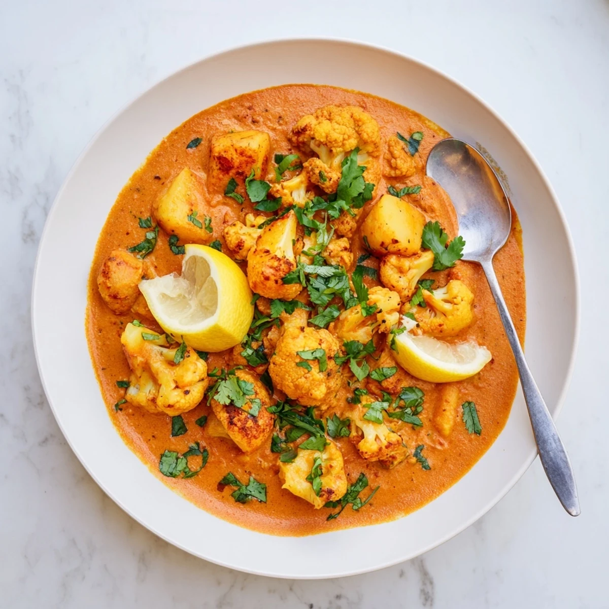 A steaming bowl of Indian Butter Spiced Potatoes and Cauliflower served with fluffy basmati rice and lemon wedges on a rustic table.