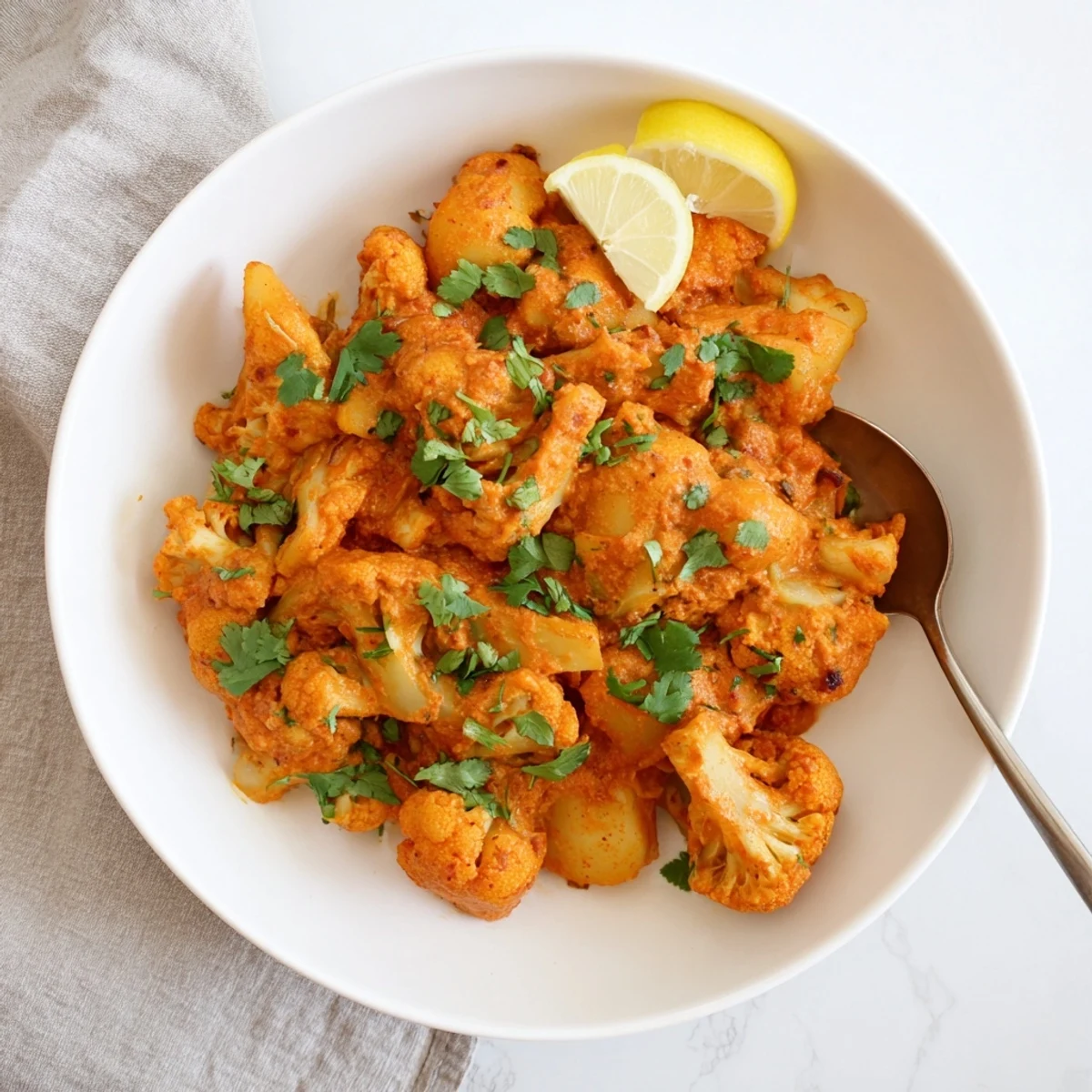 Golden cubes of potato and cauliflower florets in a creamy Indian Butter Spiced Potatoes and Cauliflower sauce, garnished with fresh cilantro.
