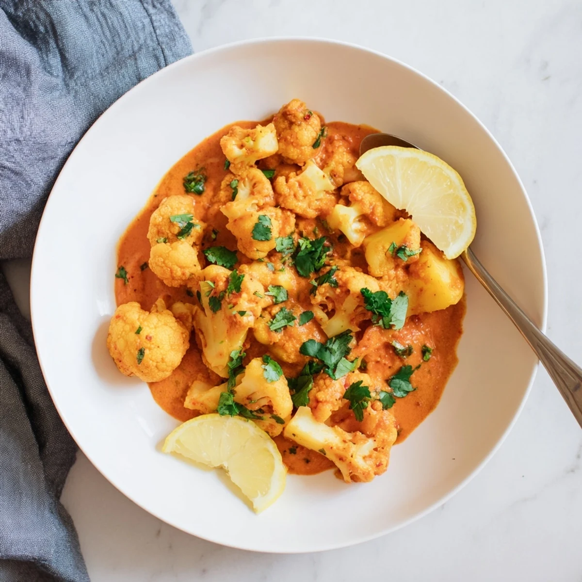 Close-up on tender Indian Butter Spiced Potatoes and Cauliflower simmering in rich, buttery tomato sauce with vibrant spices.