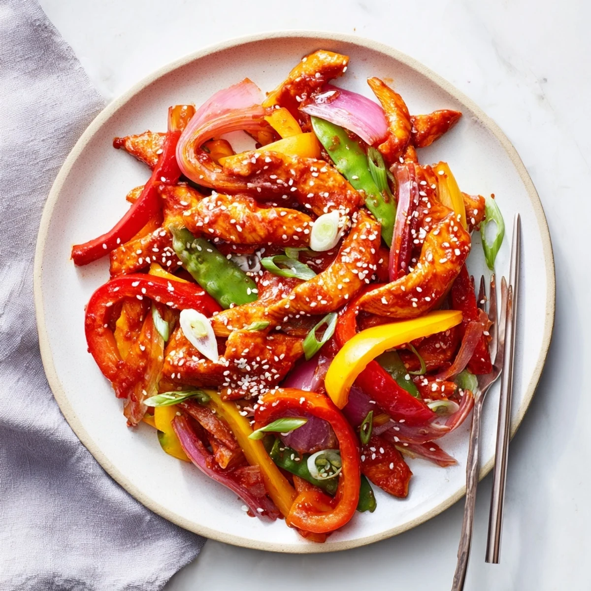 Golden-brown chicken strips coated in vibrant sweet chilli sauce alongside crisp bell peppers and snap peas in Quick Sweet Chilli Chicken Stir Fry.