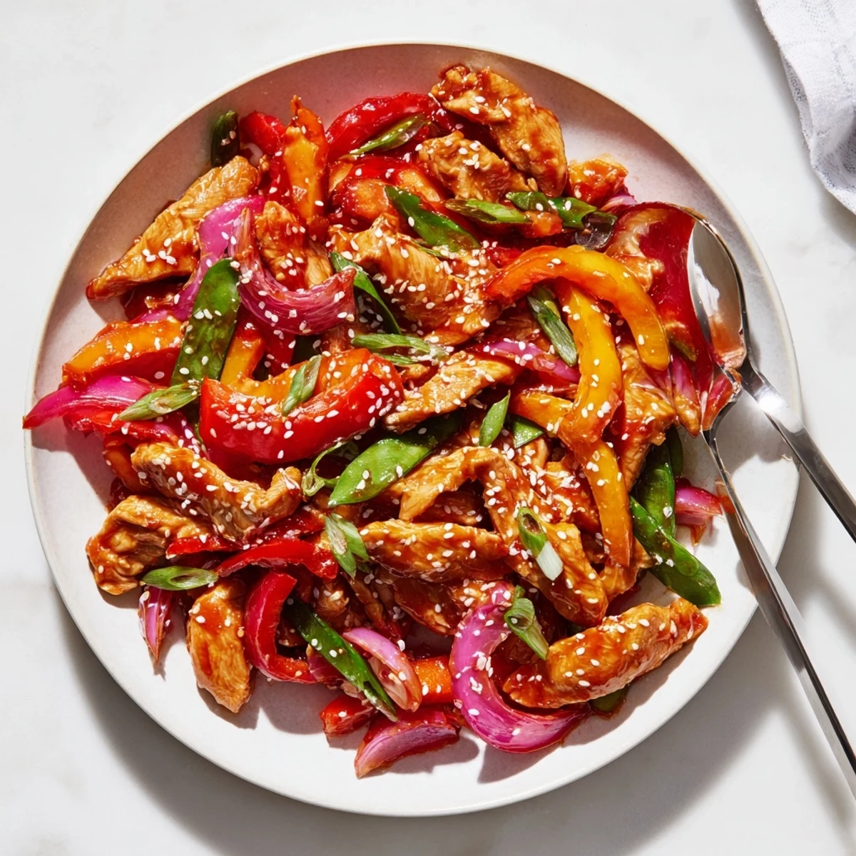 Quick Sweet Chilli Chicken Stir Fry served steaming hot from the wok, garnished with fresh green onions and sesame seeds for a delicious meal.