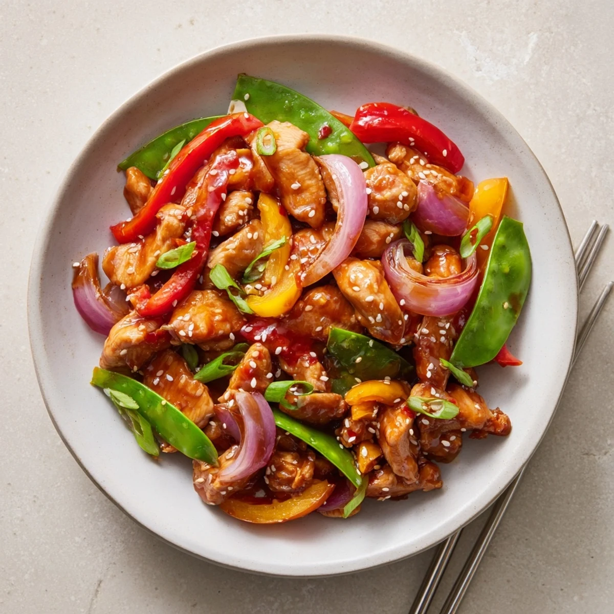 A close-up of tender chicken and crunchy vegetables tossed in tangy sweet chilli sauce, making Quick Sweet Chilli Chicken Stir Fry perfect for busy nights.