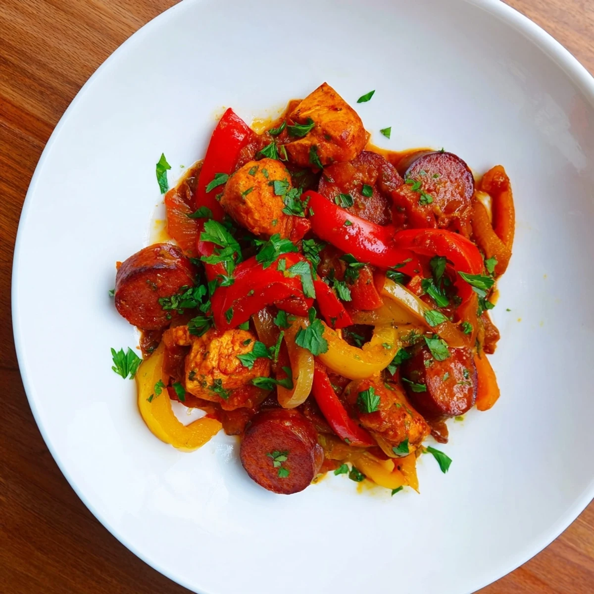 A steaming serving of the Capsicum, Tomato, and Chicken with Chorizo recipe in a rustic skillet, garnished with fresh parsley.