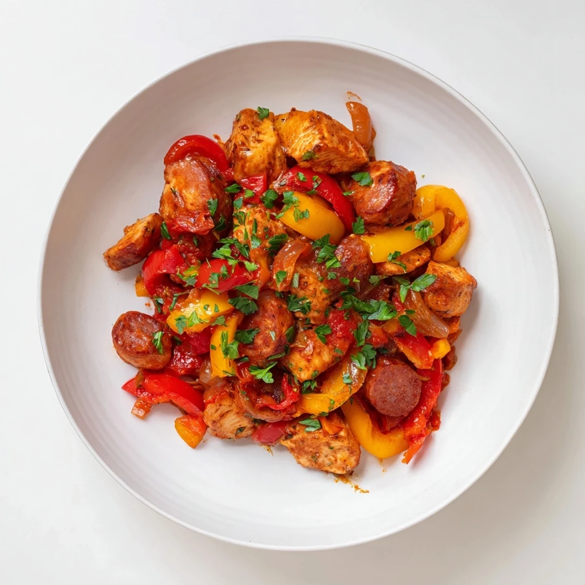 This image shows the hearty one-pan Capsicum, Tomato, and Chicken with Chorizo recipe served over a bed of fluffy white rice.