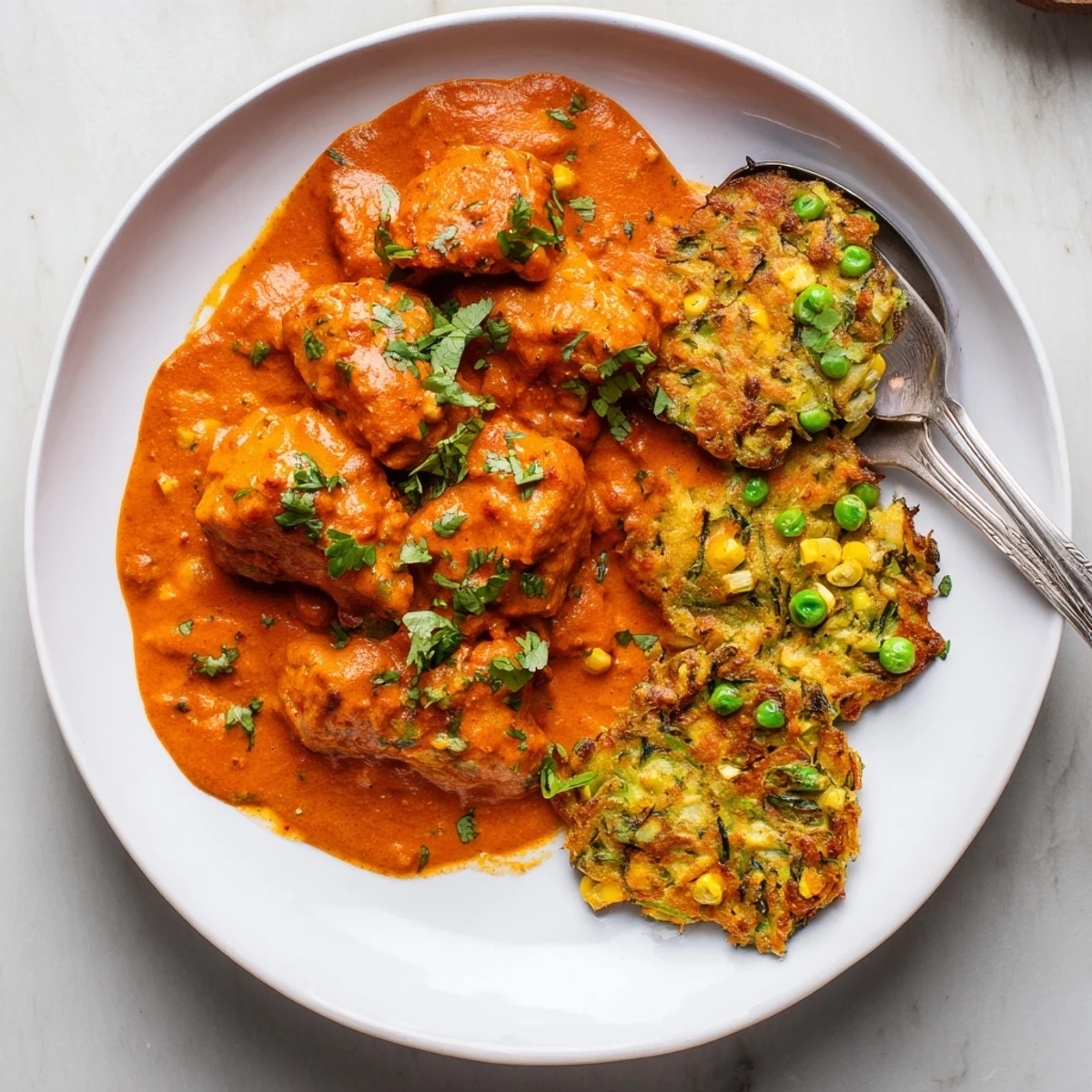 Freshly made vegetable fritters sizzling in a pan beside creamy butter chicken simmering in a skillet.