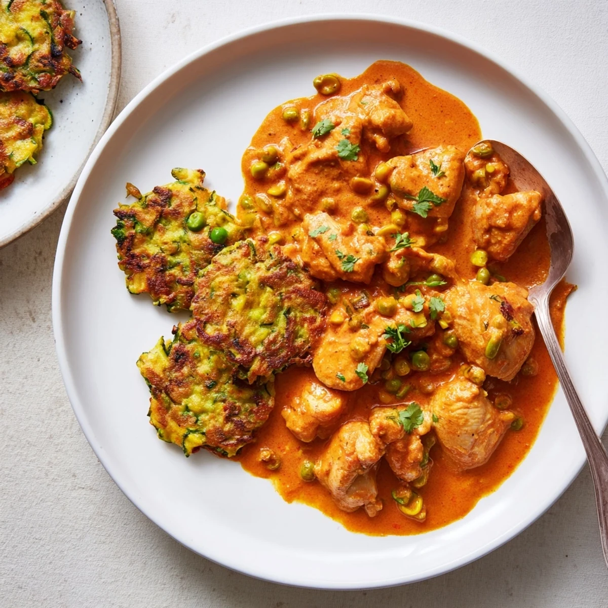 Buttery chicken pieces and golden vegetable fritters arranged on a rustic plate, ready to enjoy.