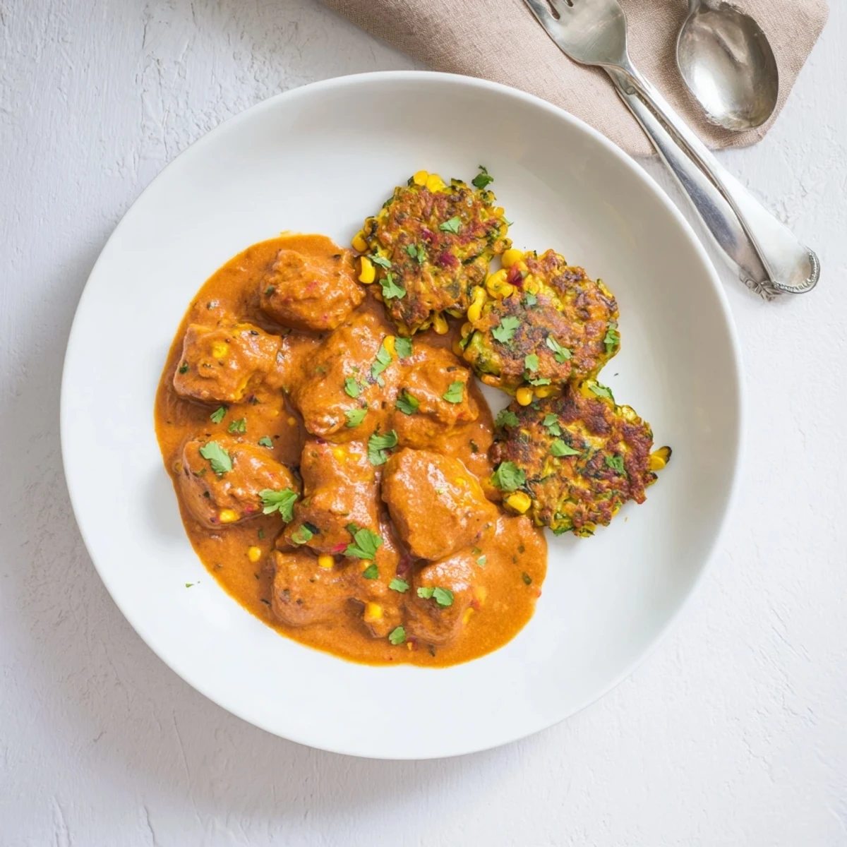 Serving suggestion of Butter Chicken and Vegetable Fritters garnished with cilantro on a warm dinner plate.
