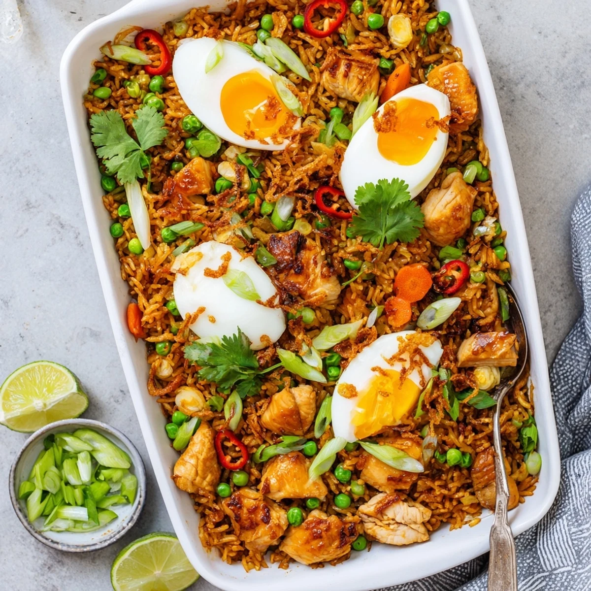 A close-up of golden chicken pieces and fluffy rice in this Nasi Goreng Tray Bake, topped with a jammy egg and fresh cilantro.