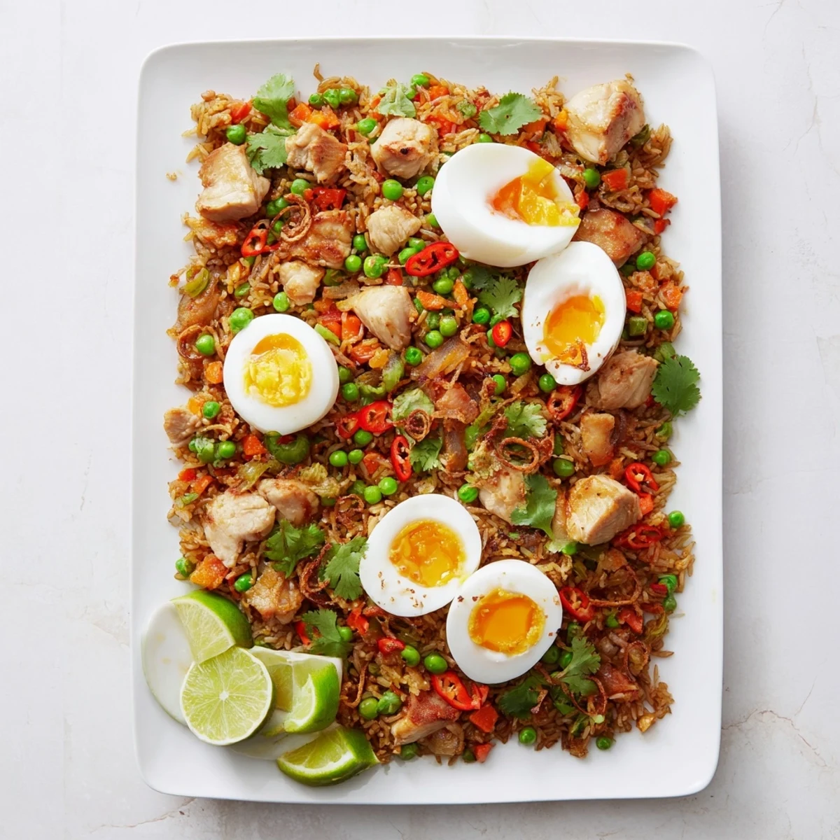 Overhead view of the finished Nasi Goreng Tray Bake, served from the pan with lime wedges and crispy fried shallots.