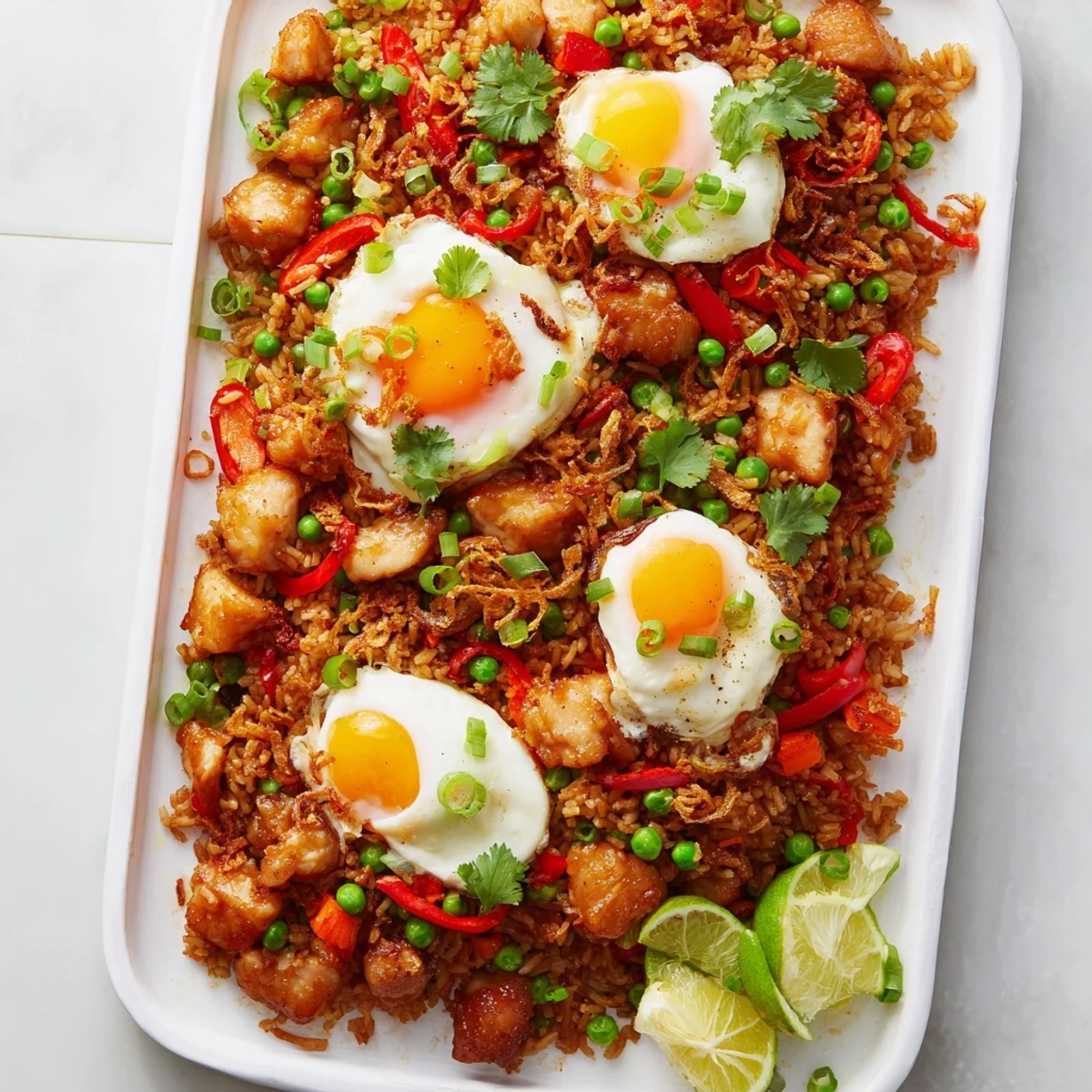 An oven-baked Nasi Goreng Tray Bake with colorful vegetables and a cracked egg, showcasing the easy one-pan dinner.