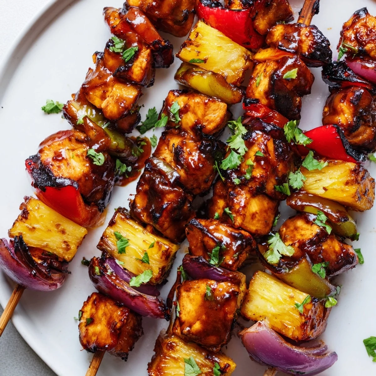 Close-up of Chicken and Pineapple BBQ Skewers sizzling on a grill, with juicy pineapple chunks and charred bell peppers.