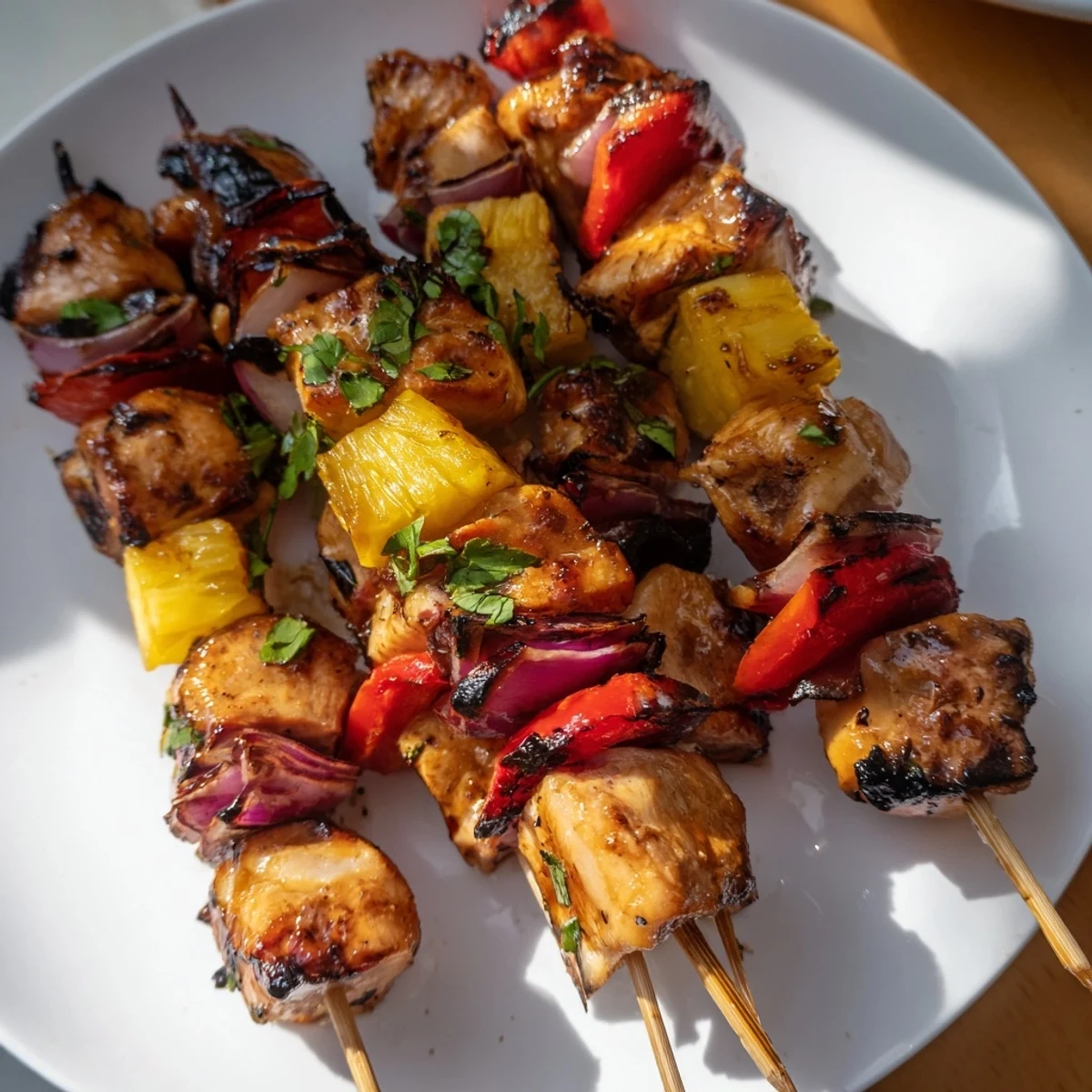 A platter of Chicken and Pineapple BBQ Skewers garnished with cilantro and lime wedges on a summer picnic table.