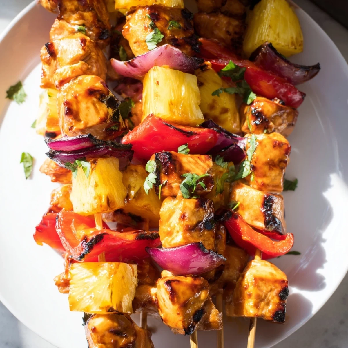 Plated Chicken and Pineapple BBQ Skewers served alongside grilled corn and a fresh salad for a complete meal.