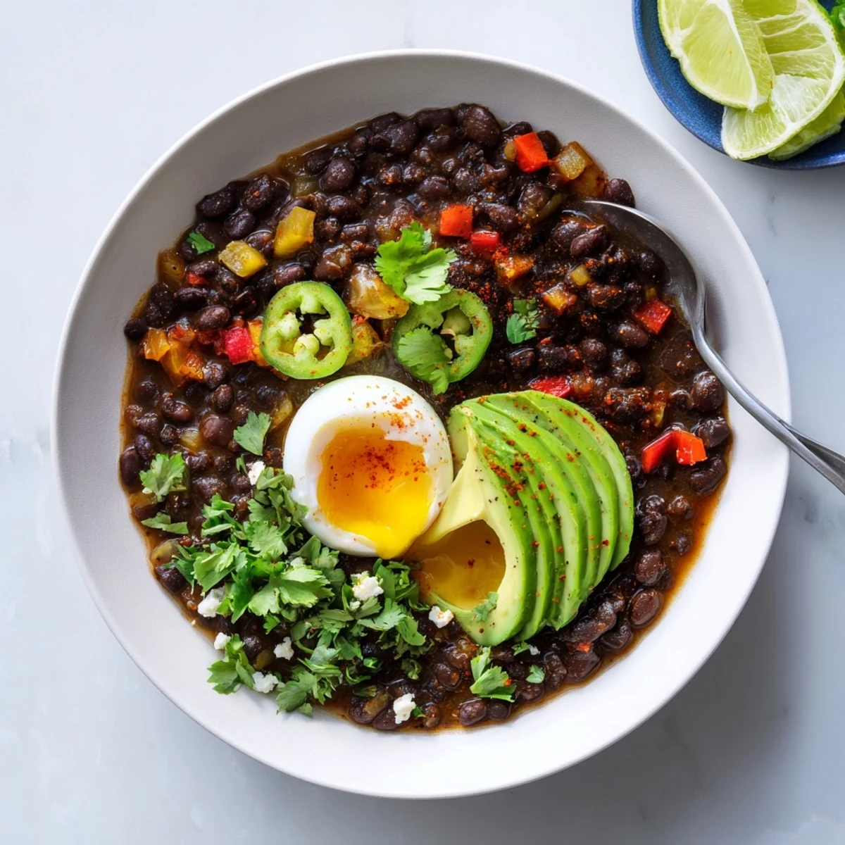 A bowl of Mexican Braised Beans With Soft Boiled Egg garnished with avocado and fresh cilantro.