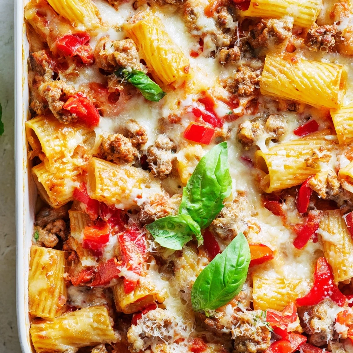 Golden melted mozzarella and Parmesan top a bubbling Quick Sausage Pasta Bake fresh from the oven, ready to serve.