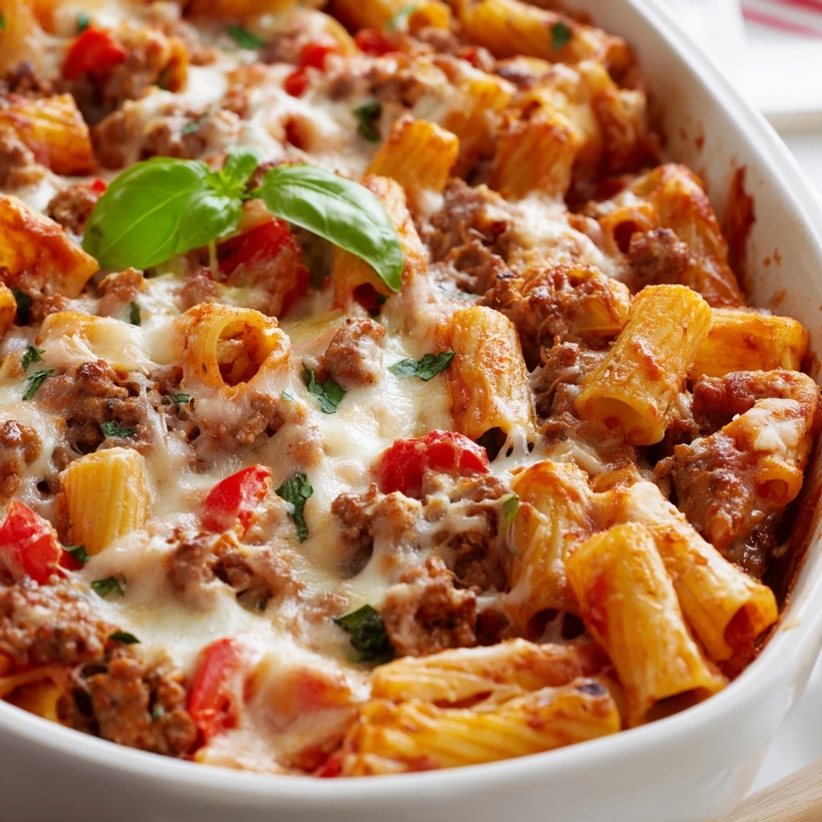 A close-up of Quick Sausage Pasta Bake with savory Italian sausage crumbles and penne in rich tomato sauce.