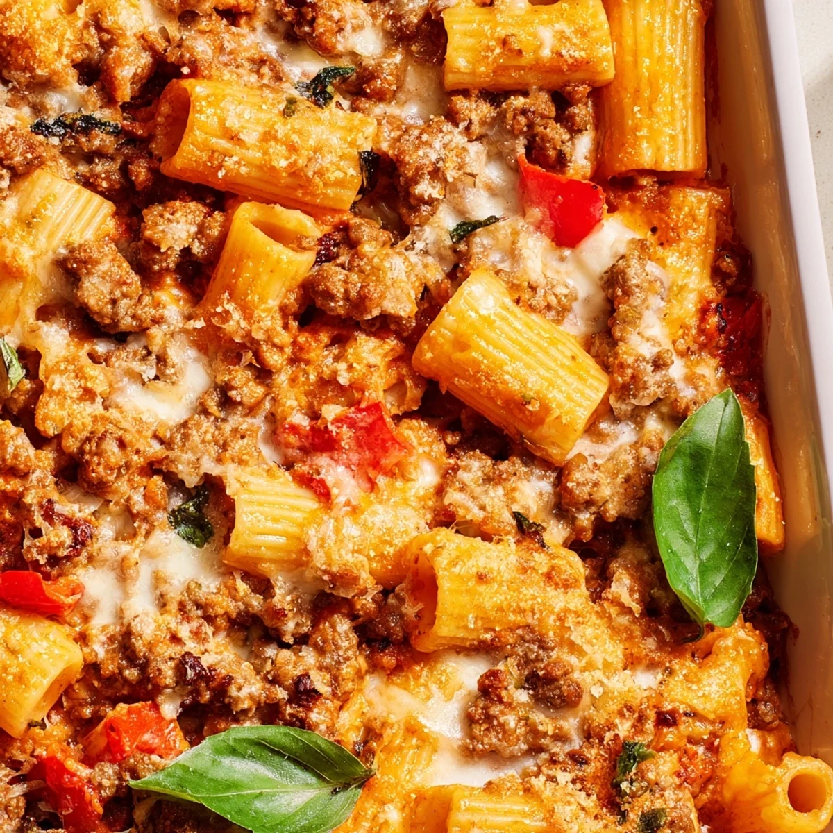 Hearty Quick Sausage Pasta Bake with bubbling cheese, served on a plate beside fresh basil and a crisp green salad.