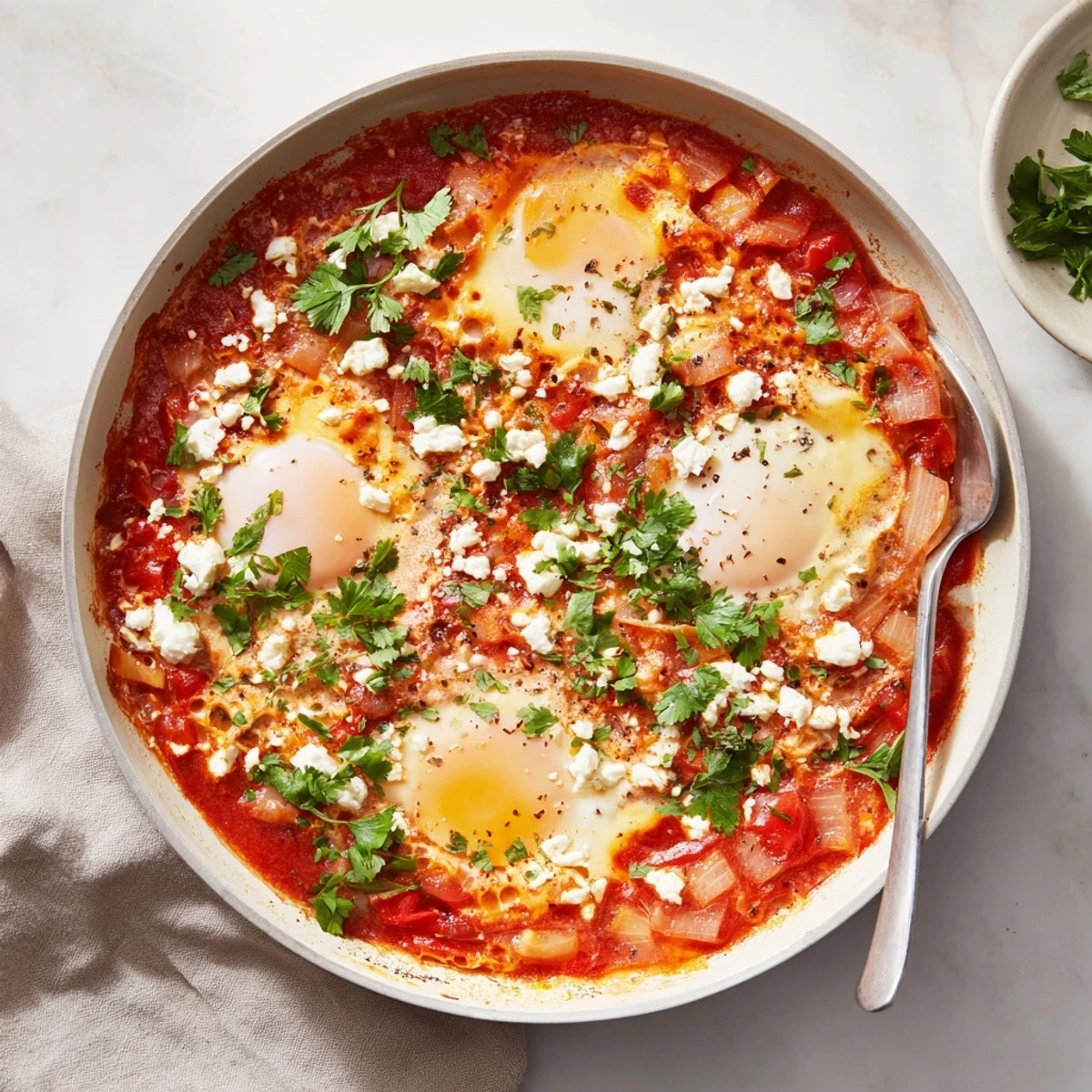 A close-up of Quick Shakshuka Eggs with runny yolks in a simmering spicy tomato pepper sauce, garnished with fresh parsley and crumbled feta.
