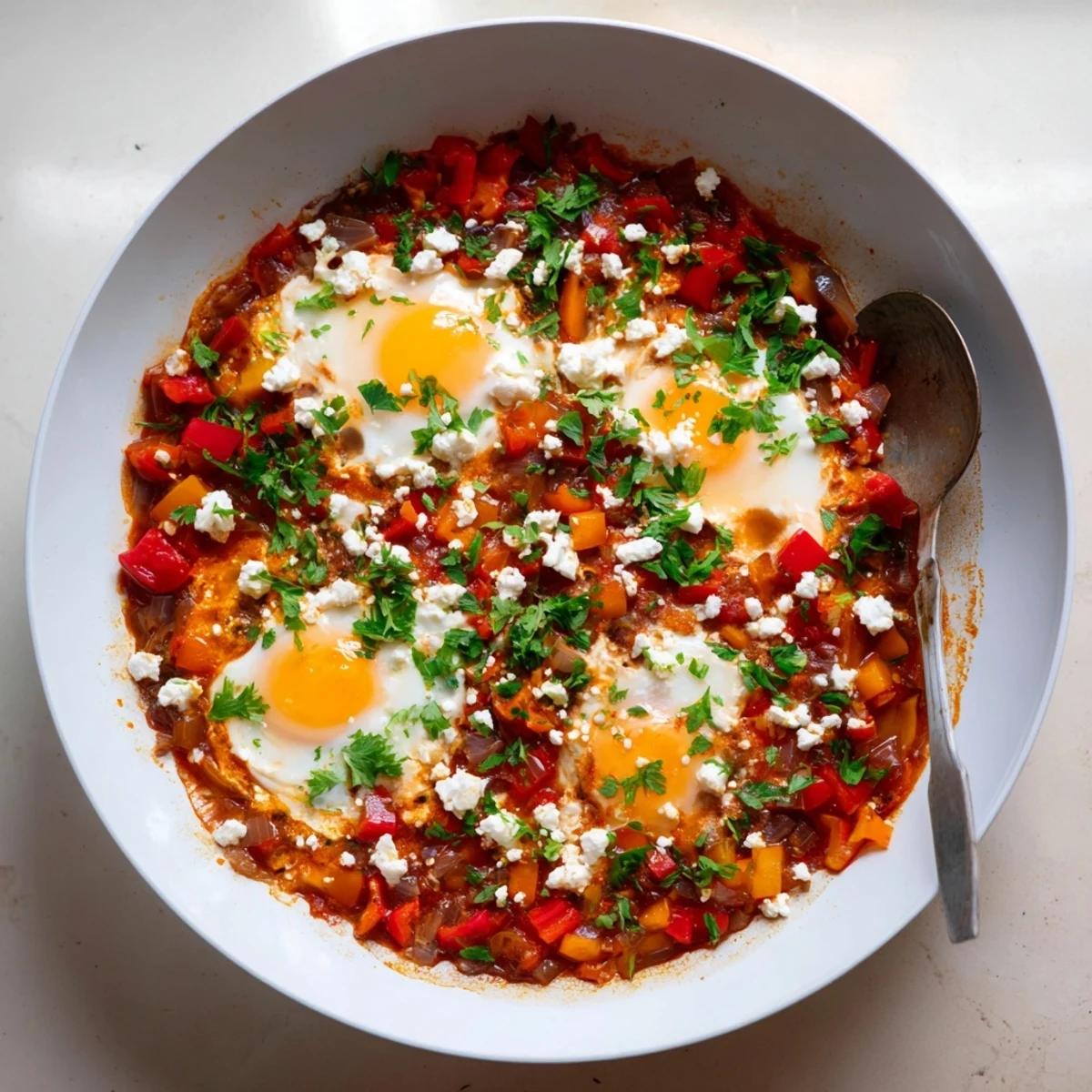 In a cast iron skillet, Quick Shakshuka Eggs are served steaming hot, ready to be scooped up with crusty artisan bread for dipping.