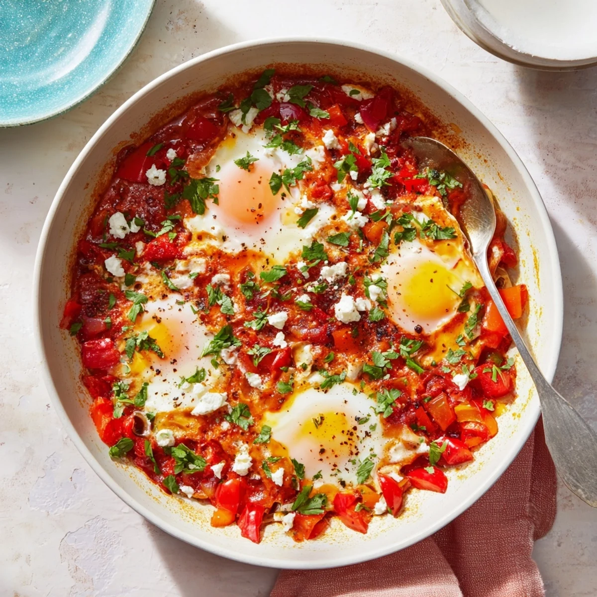 Steam rises from a vibrant skillet of Quick Shakshuka Eggs, featuring perfectly poached eggs in a rich red tomato and pepper stew.