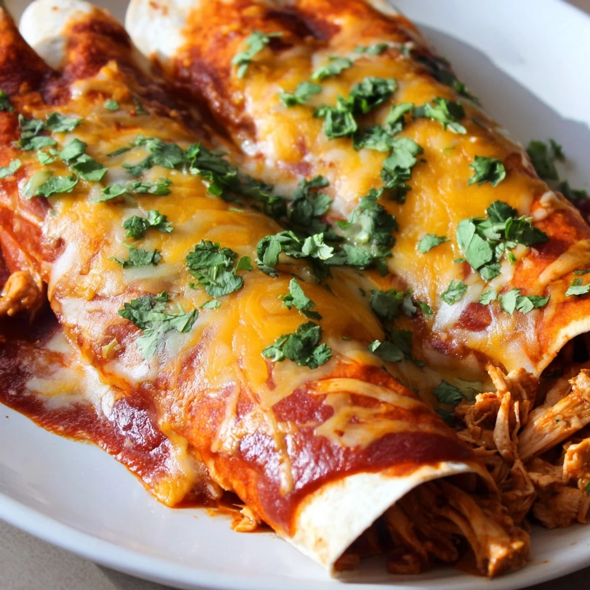 Golden chicken enchiladas baked to perfection with bubbling melted cheese and vibrant red sauce topping