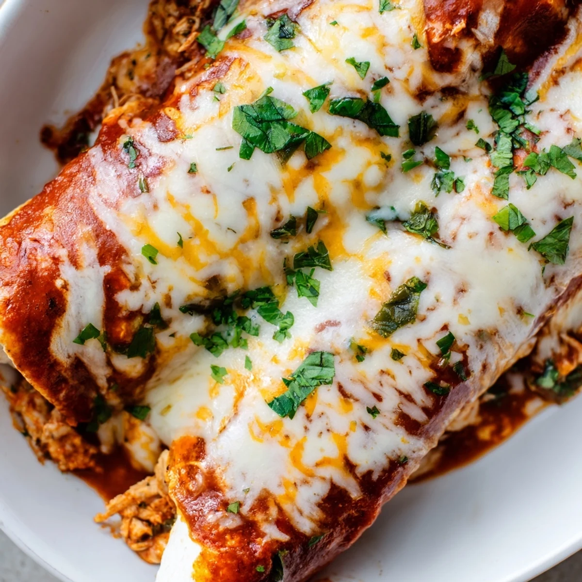Baked chicken enchiladas smothered in zesty red sauce and topped with shredded Mexican cheese blend
