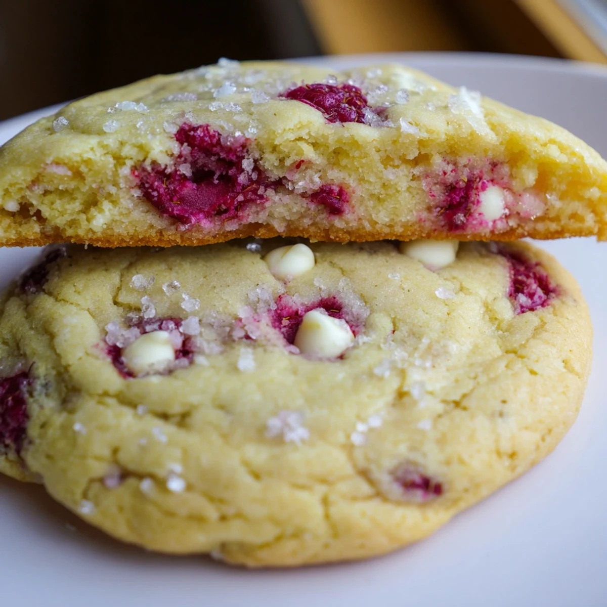 Golden-baked lemon raspberry cookies scattered with fresh ruby berries and dusted with coarse sugar