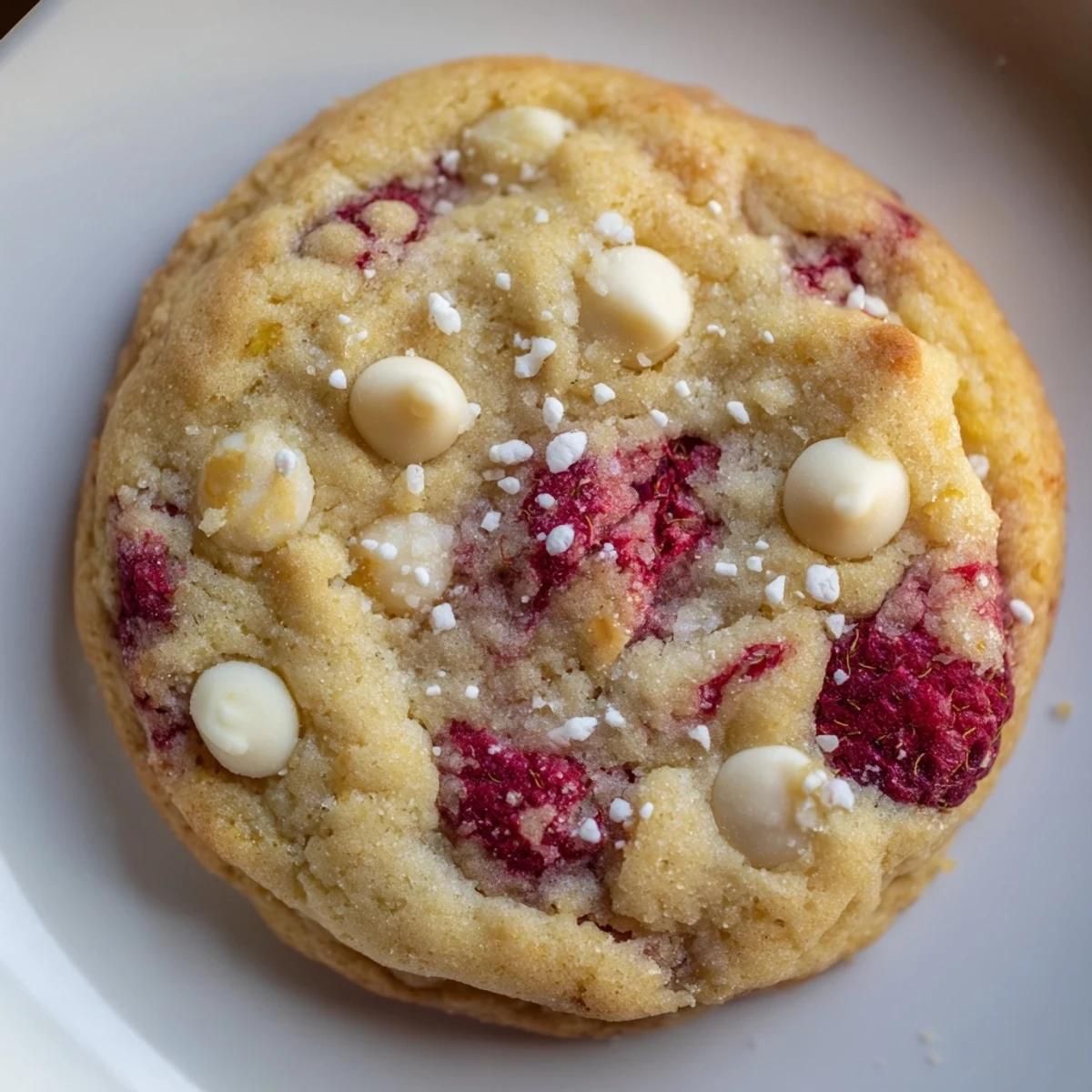 Plate of lemon raspberry cookies studded with juicy fruit and optional melted white chocolate chips