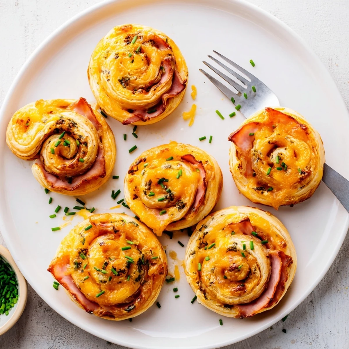Golden brown Easter Ham Cheddar Pinwheels arranged on a white serving platter