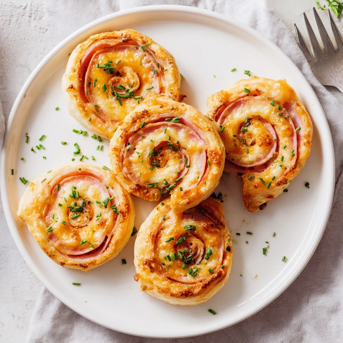 Flaky pastry spirals filled with smoky ham and melted sharp cheddar cheese