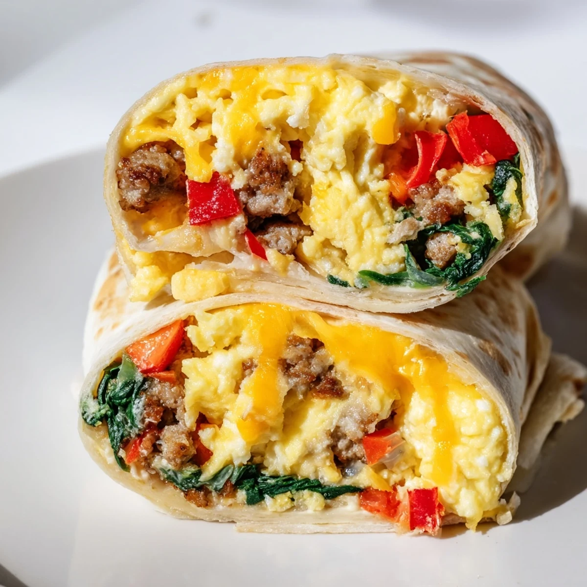 Warm flour tortillas stuffed with scrambled eggs, sausage, peppers, and spinach for easy breakfast meal prep