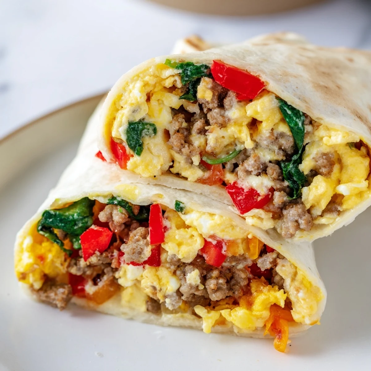 Hand-held breakfast burrito filled with savory egg and vegetable mixture ready for freezing and quick reheating
