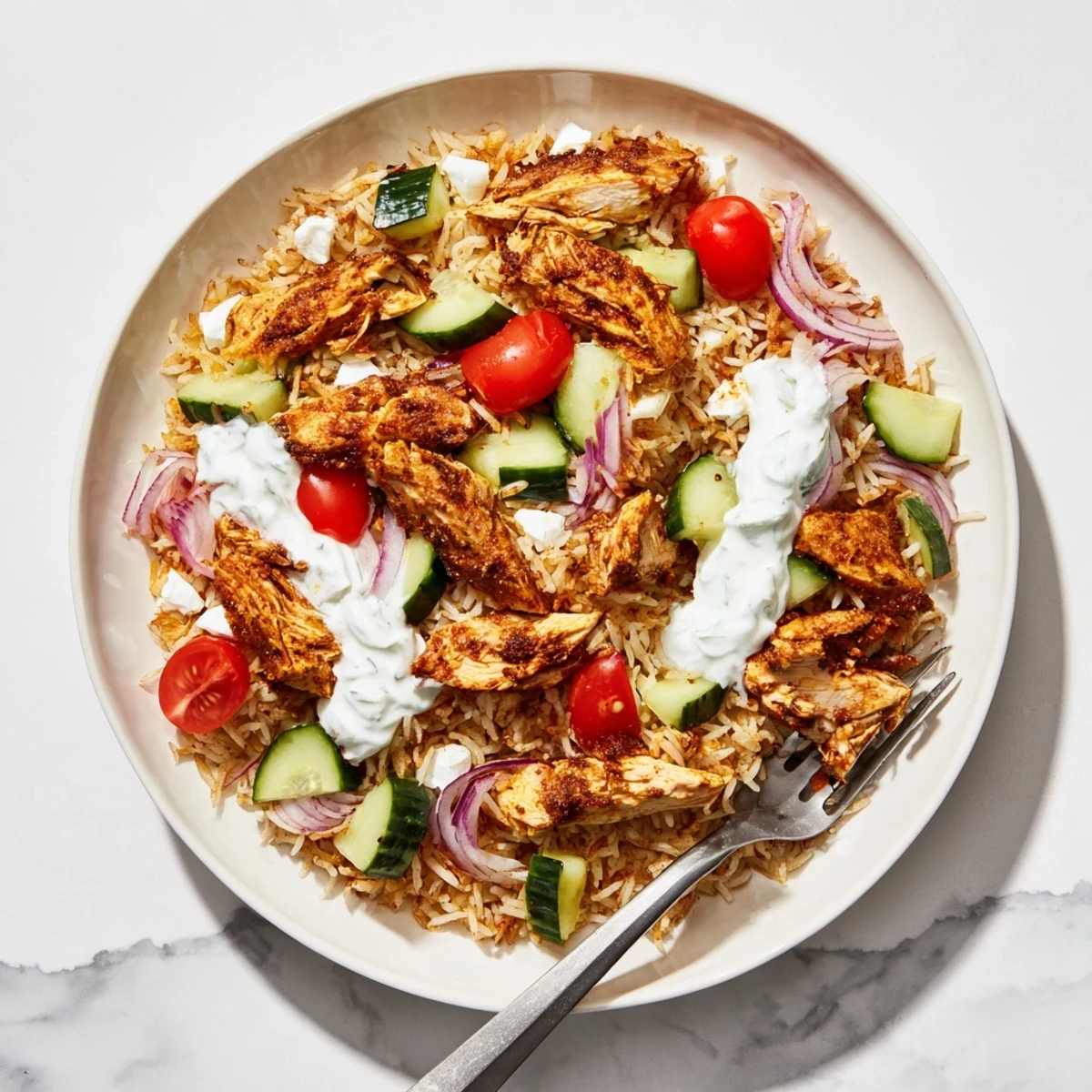 Golden spiced chicken shawarma atop crispy rice salad with fresh cucumbers and cherry tomatoes