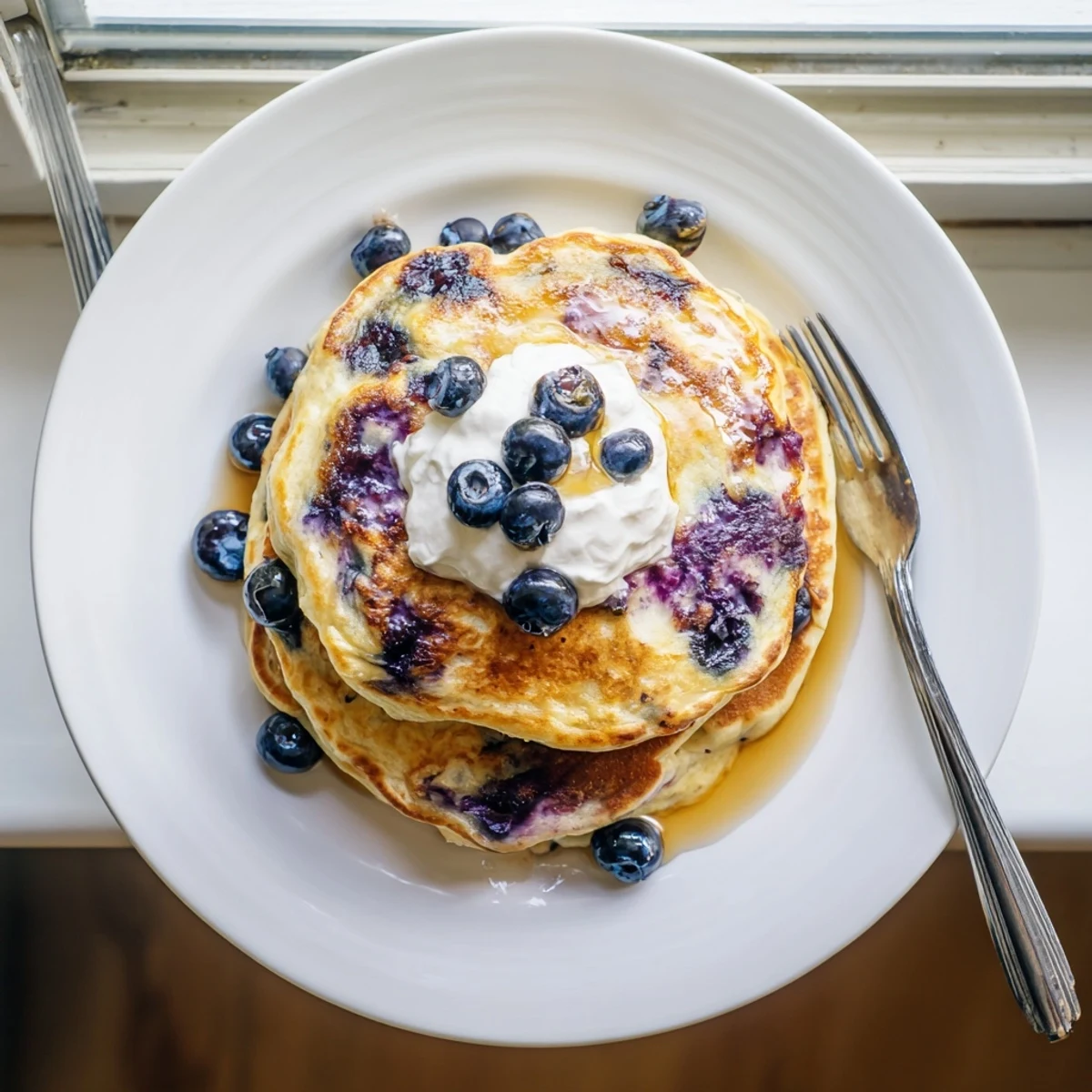 Golden stack of fluffy Greek yogurt blueberry pancakes drizzled with maple syrup