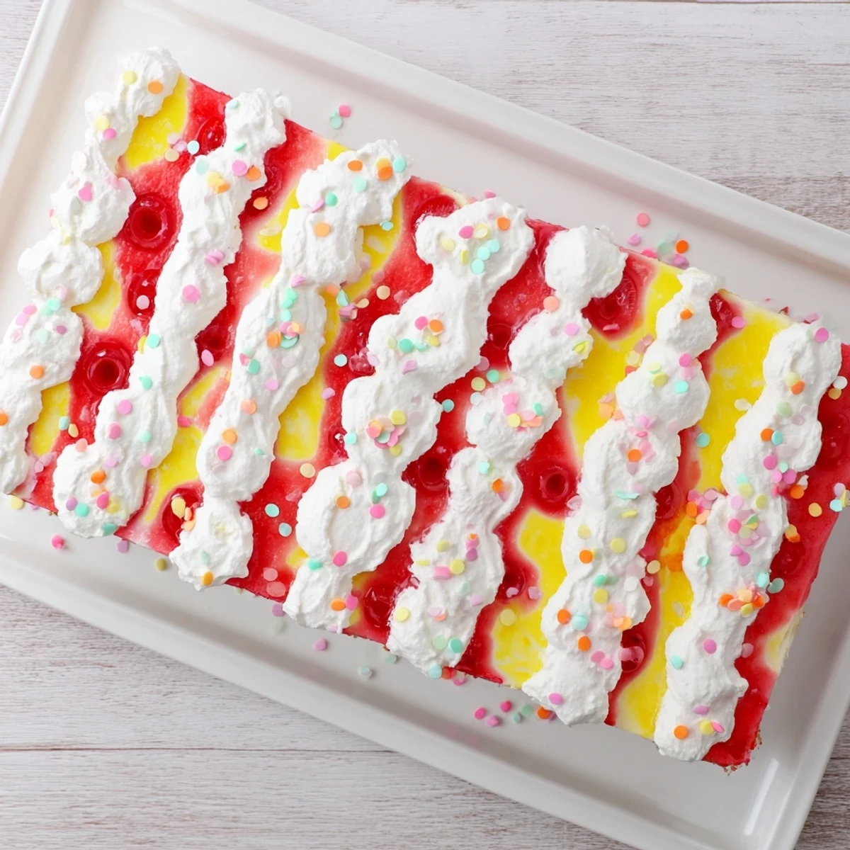 Moist vanilla cake infused with strawberry and lemon gelatin, topped with sweet whipped cream and pastel sprinkles for spring