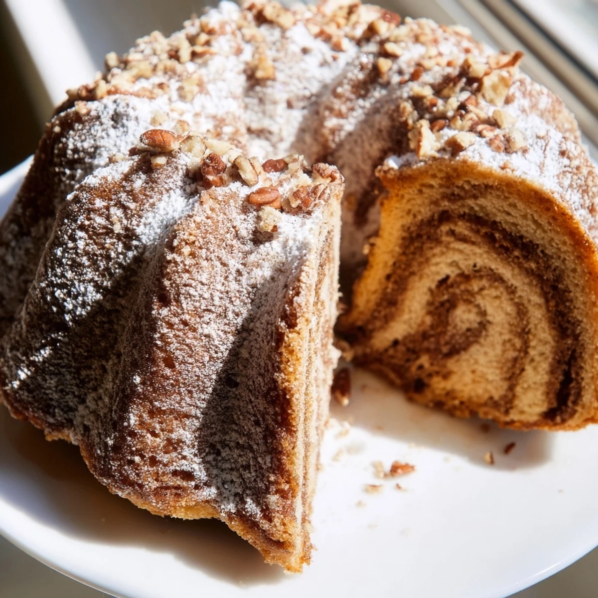 Tender moist coffee cake baked in a Bundt pan with visible cinnamon ribbons and pecan topping