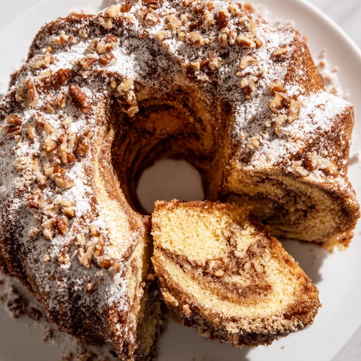 Golden cinnamon-swirled breakfast Bundt coffee cake with powdered sugar dusting on a serving plate