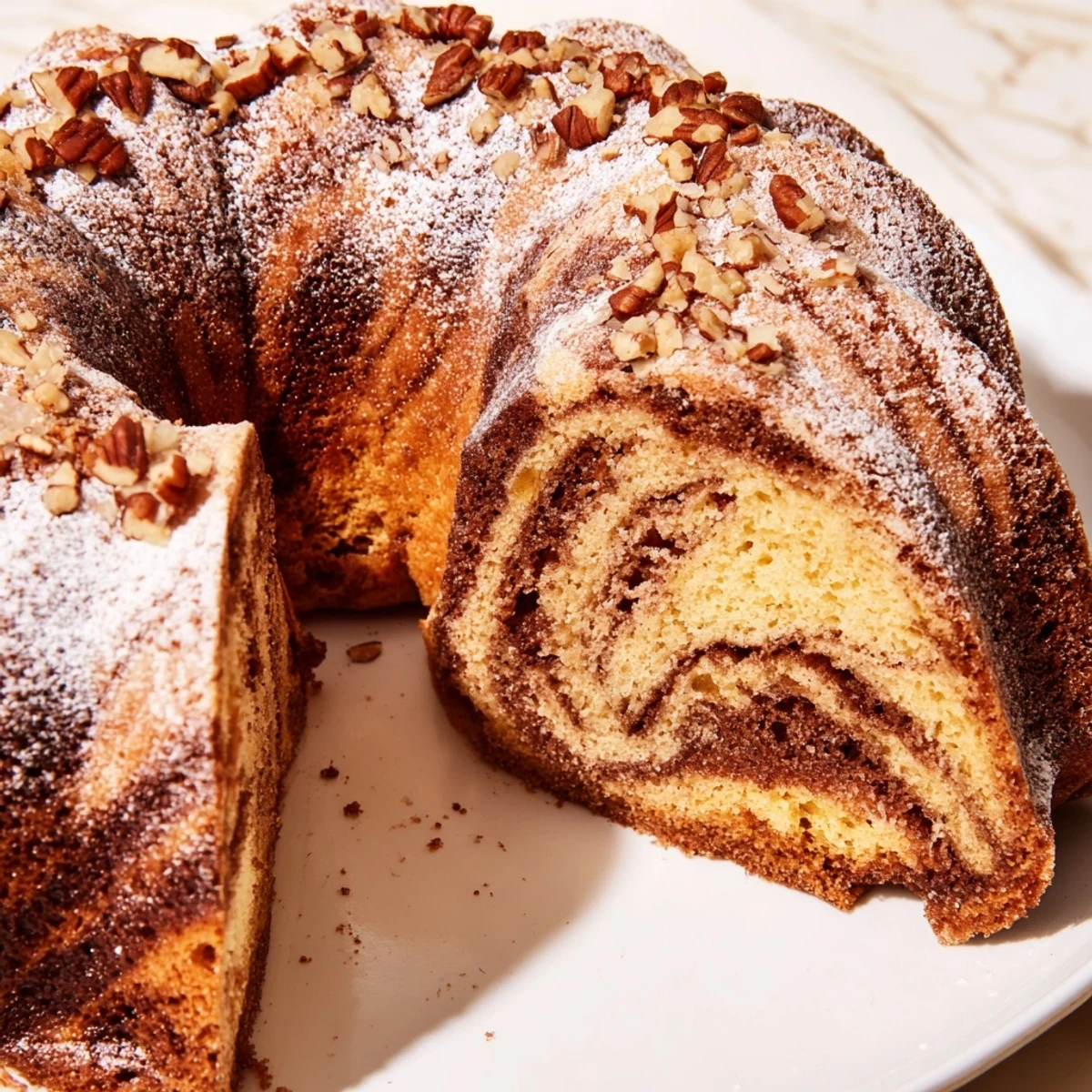 Slice of American breakfast Bundt cake featuring cinnamon sugar swirl and vanilla glaze on white pedestal