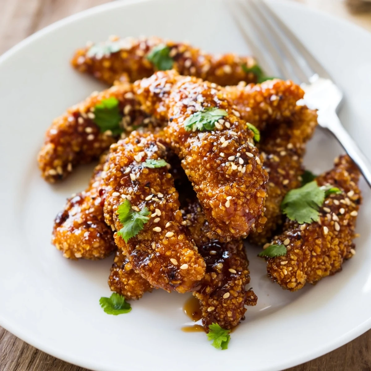 Golden Thai sticky chicken fingers coated in sweet spicy glaze with sesame seeds and fresh cilantro garnish on white serving platter