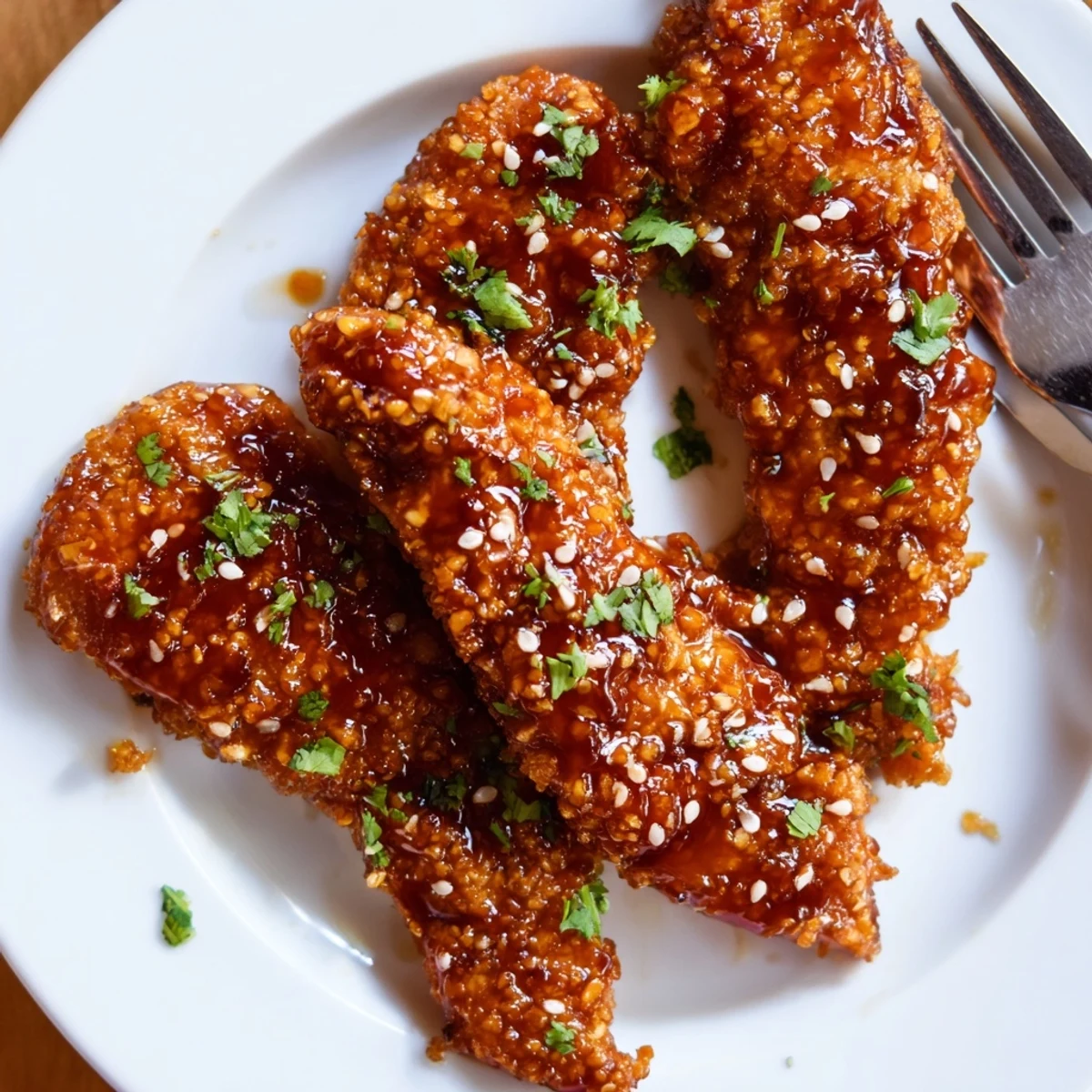 Crispy baked chicken tenders tossed in tangy Thai chili sauce and finished with lime wedges and toasted sesame topping