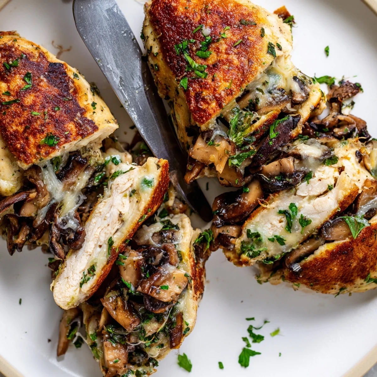 Golden seared mushroom stuffed chicken breast served on a white plate with fresh herbs