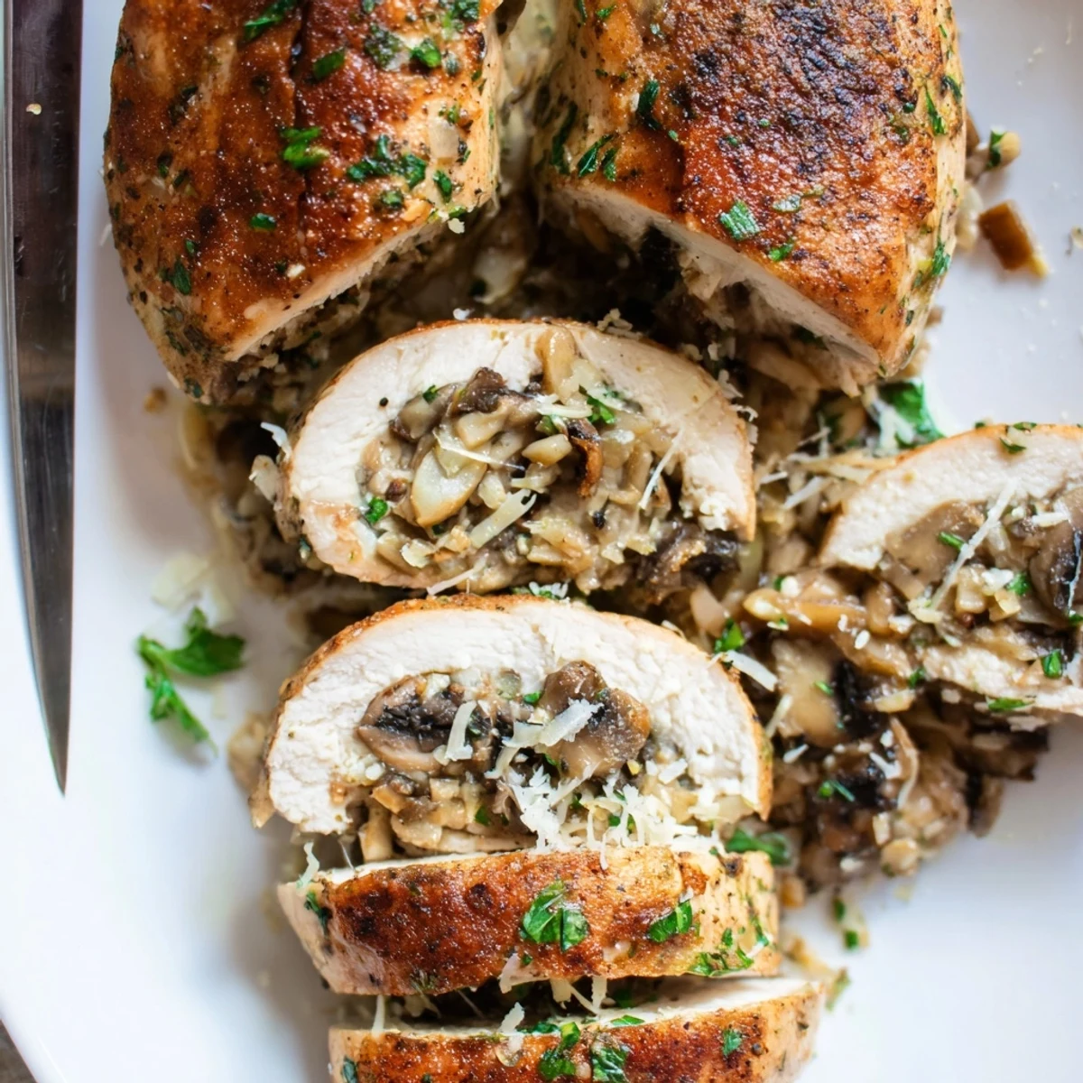 Sliced mushroom stuffed chicken breast revealing the flavorful herb and mushroom center