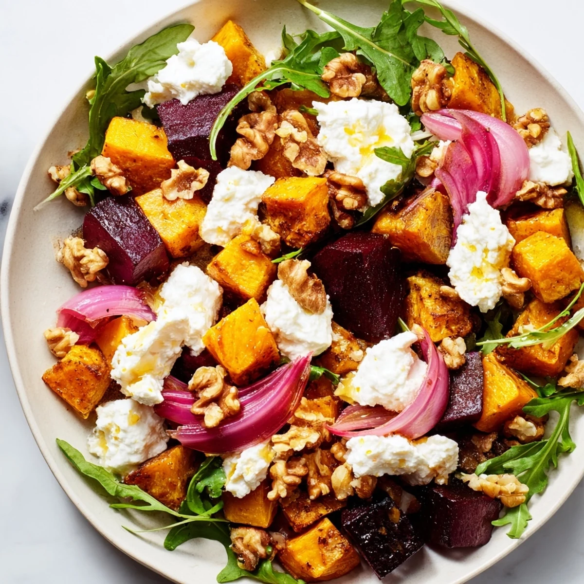 Colorful bowl of creamy roasted beet salad with sweet potato and feta garnished with walnuts