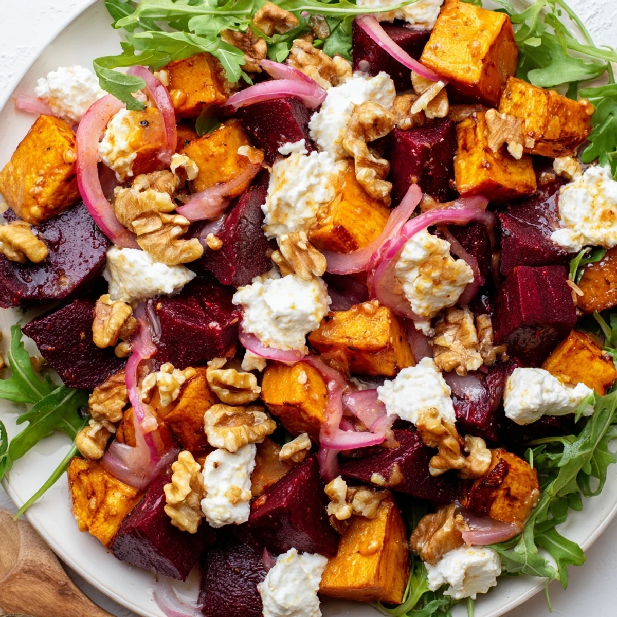 Creamy roasted beet salad featuring tender sweet potato cubes topped with crumbled feta and yogurt dressing
