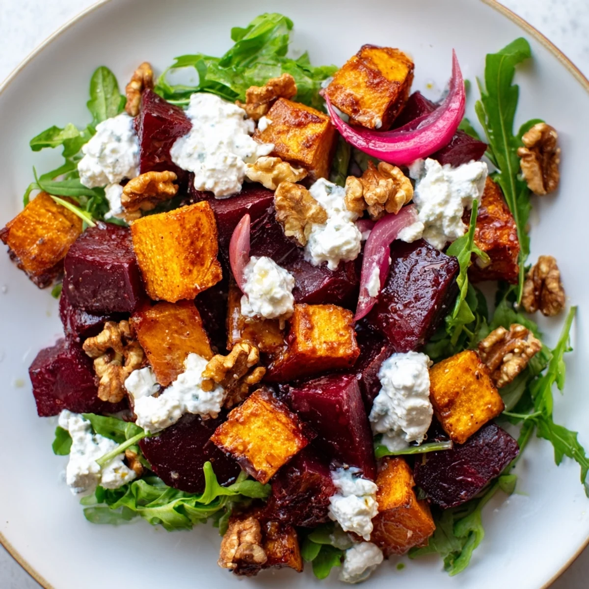 Golden roasted beets and sweet potatoes layered with arugula in a vibrant creamy feta salad plate