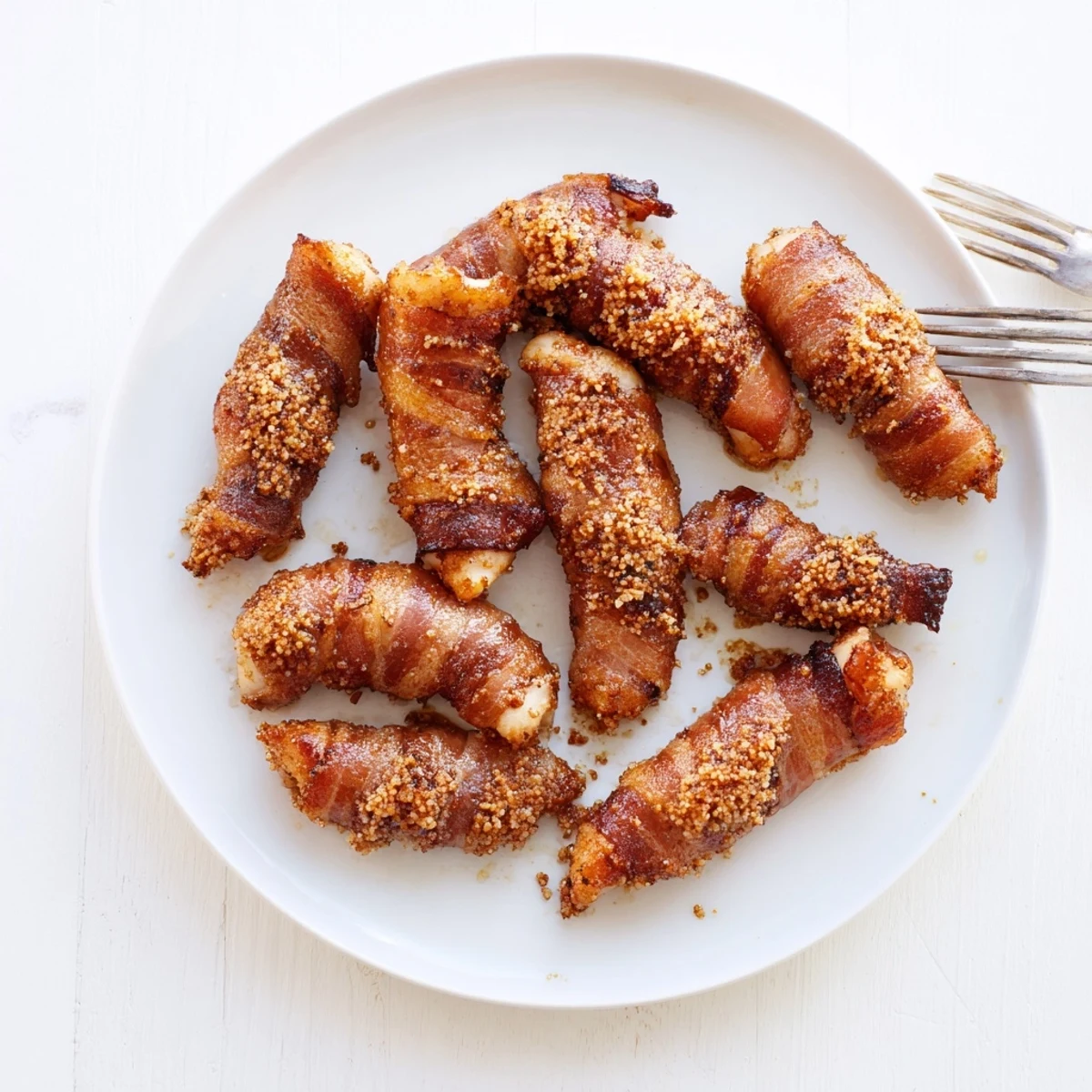 Crispy bacon wrapped chicken tenders coated in caramelized brown sugar glaze on a wire rack