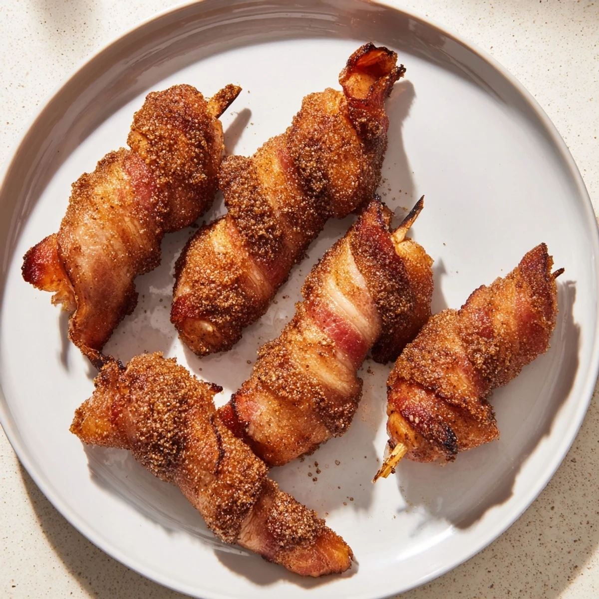 Golden brown sugar bacon chicken tenders arranged on baking sheet with crispy rendered bacon edges