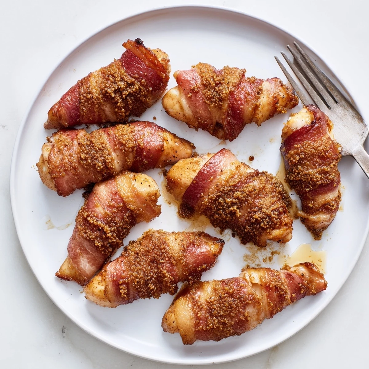 Juicy bacon brown sugar chicken tenders glistening with sweet caramelized coating ready for serving